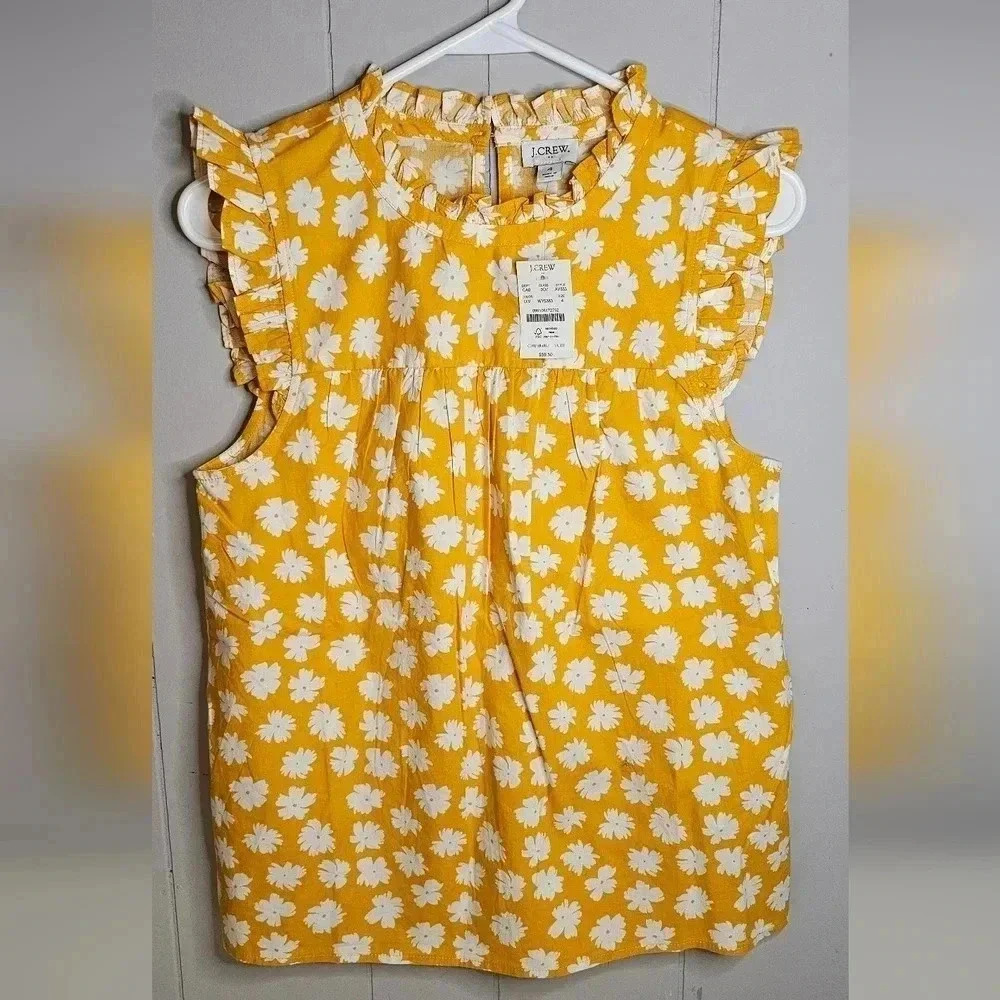 J. Crew 4 Ruffleneck Shirred Top in Cotton Poplin Vibrant Floral Print AV633